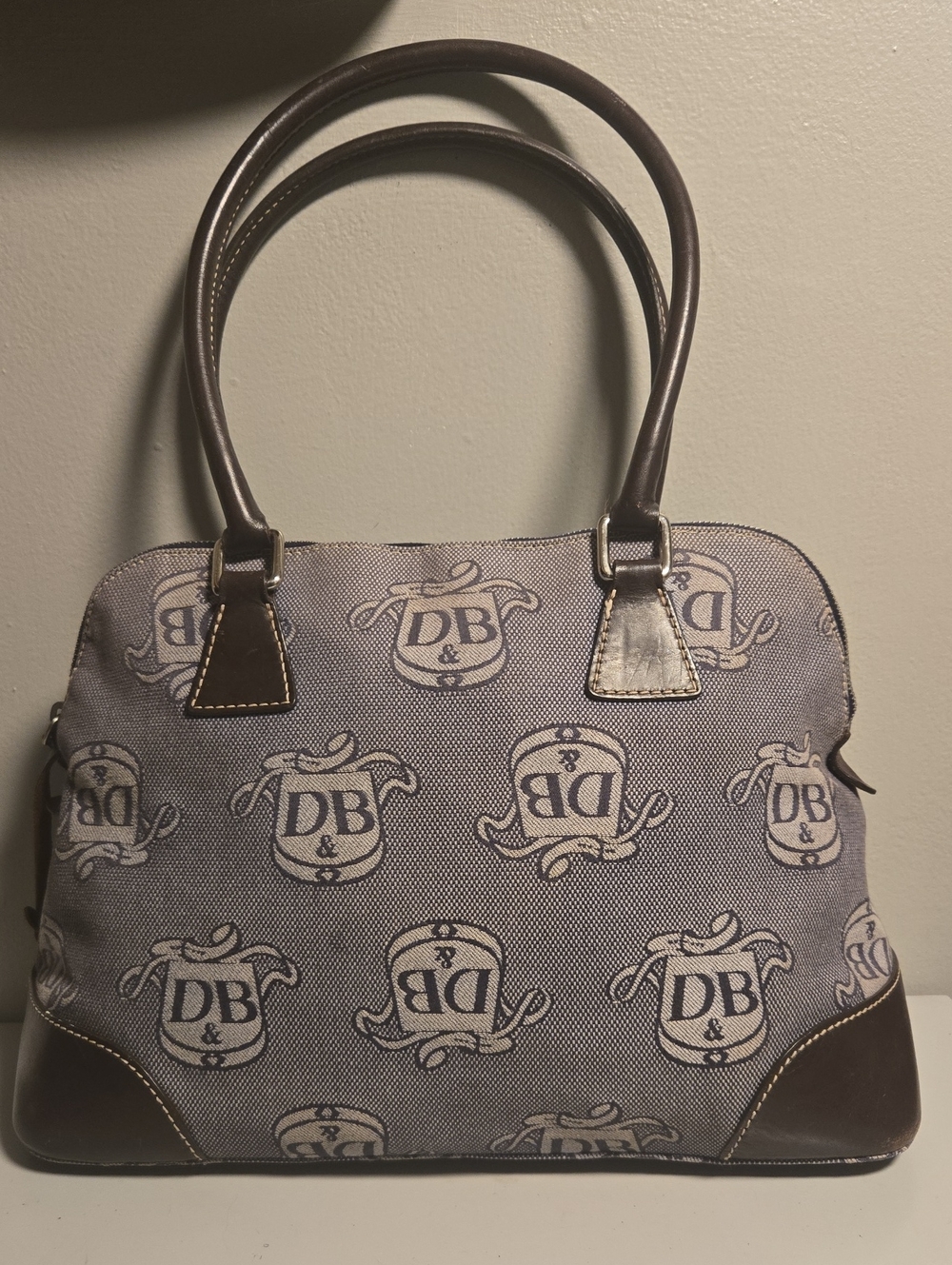 Dooney & Bourke Gray Canvas Satchel with Brown Leather Trim